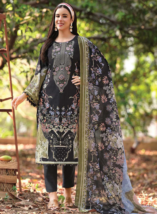Pakistani Print Black Unstitched Pure Cotton Suit Material with Embroidery