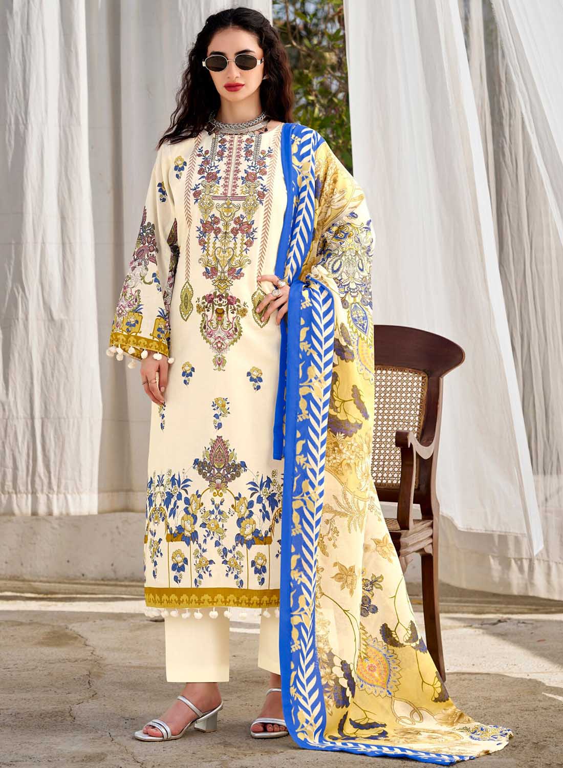 Pakistani Print Pure Cotton Unstitched Salwar Suit Material with Embroidery