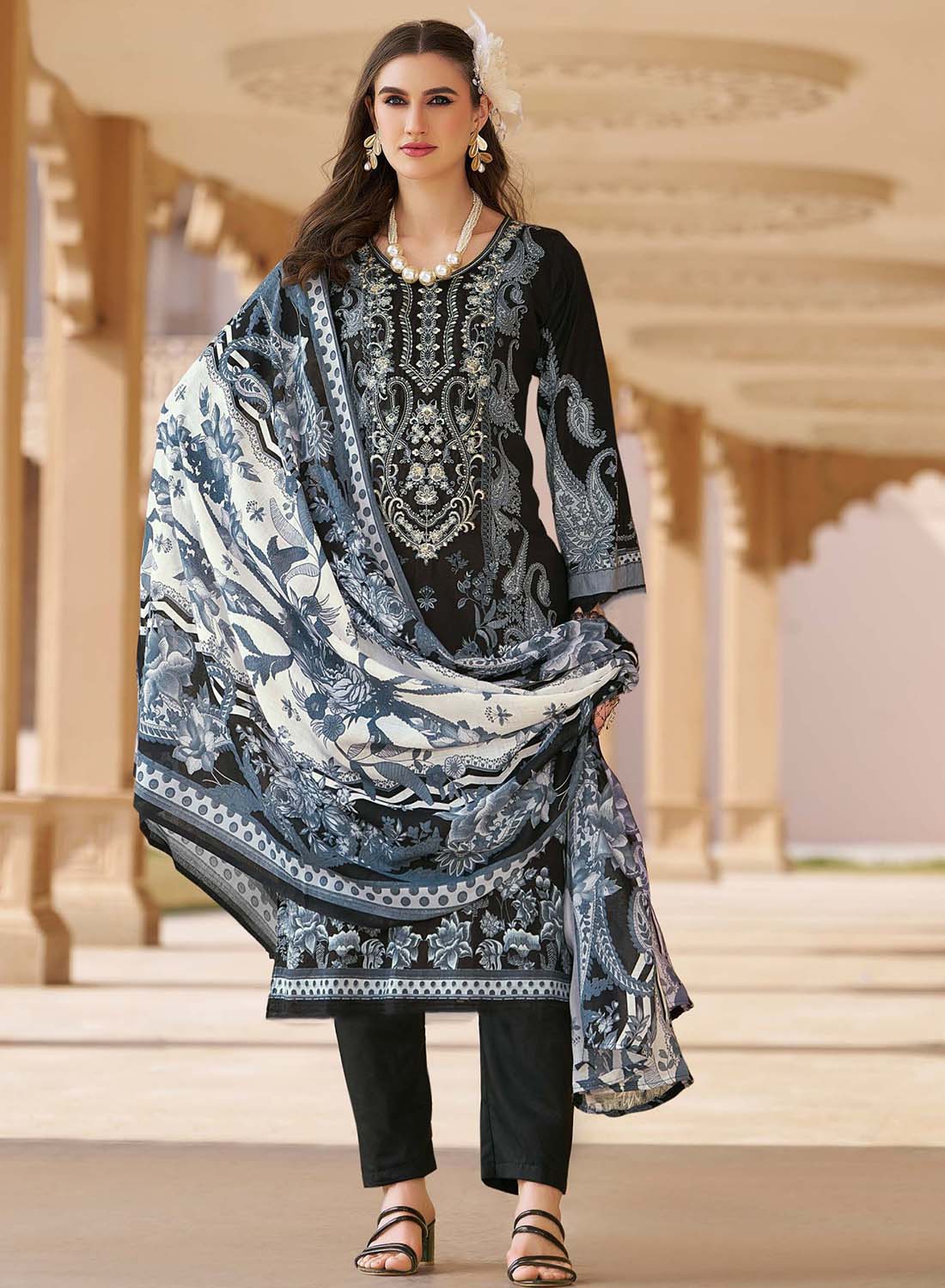 Pakistani Print Black Unstitched Pure Cotton Salwar Suit Material with Embroidery