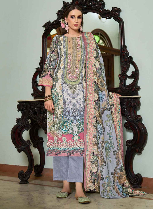 Blue Pure Cotton Pakistani Print Unstitched Salwar Suit Set for Women