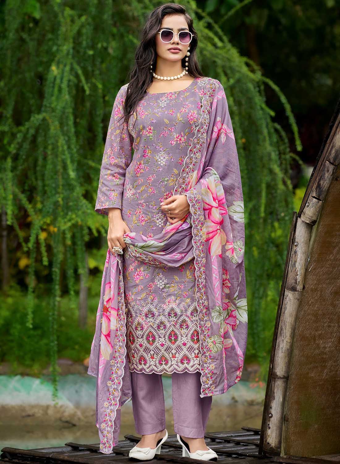 Pakistani Cotton Suit Dress Material for Women Unstitched with Embroidery Purple