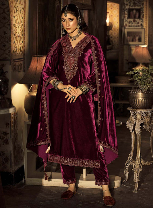 Party Wear Unstitched Winter Velvet Salwar Suit Material with Embroidery