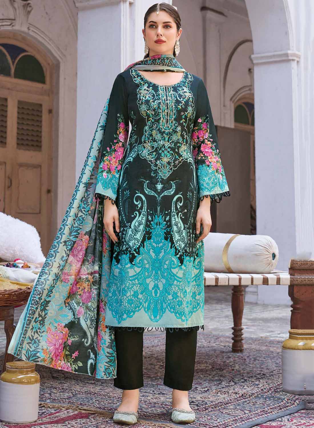 Pakistani Print Unstitched Pure Cotton Salwar Suit Fabric with Embroidery