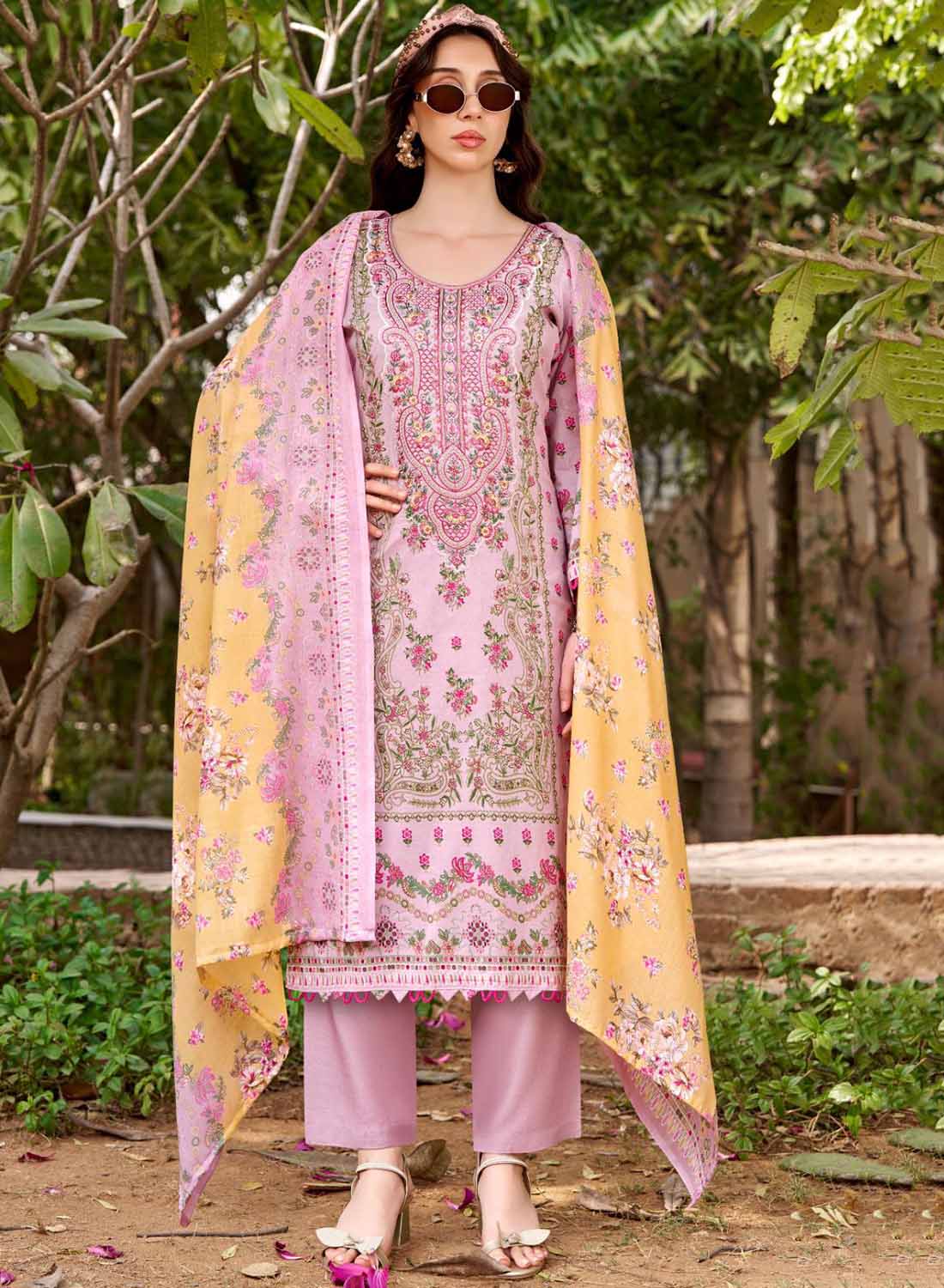 Pakistani Print Pure Cotton Pink Unstitched Suit Material with Embroidery