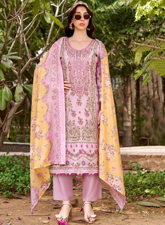 Pakistani Print Pure Cotton Pink Unstitched Suit Material with Embroidery