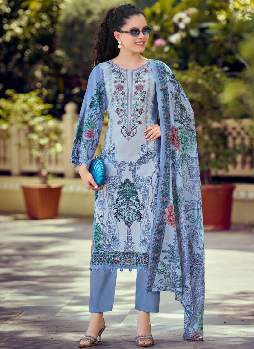 Blue Pure Cotton Pakistani Print Unstitched Suit Material with Embroidery