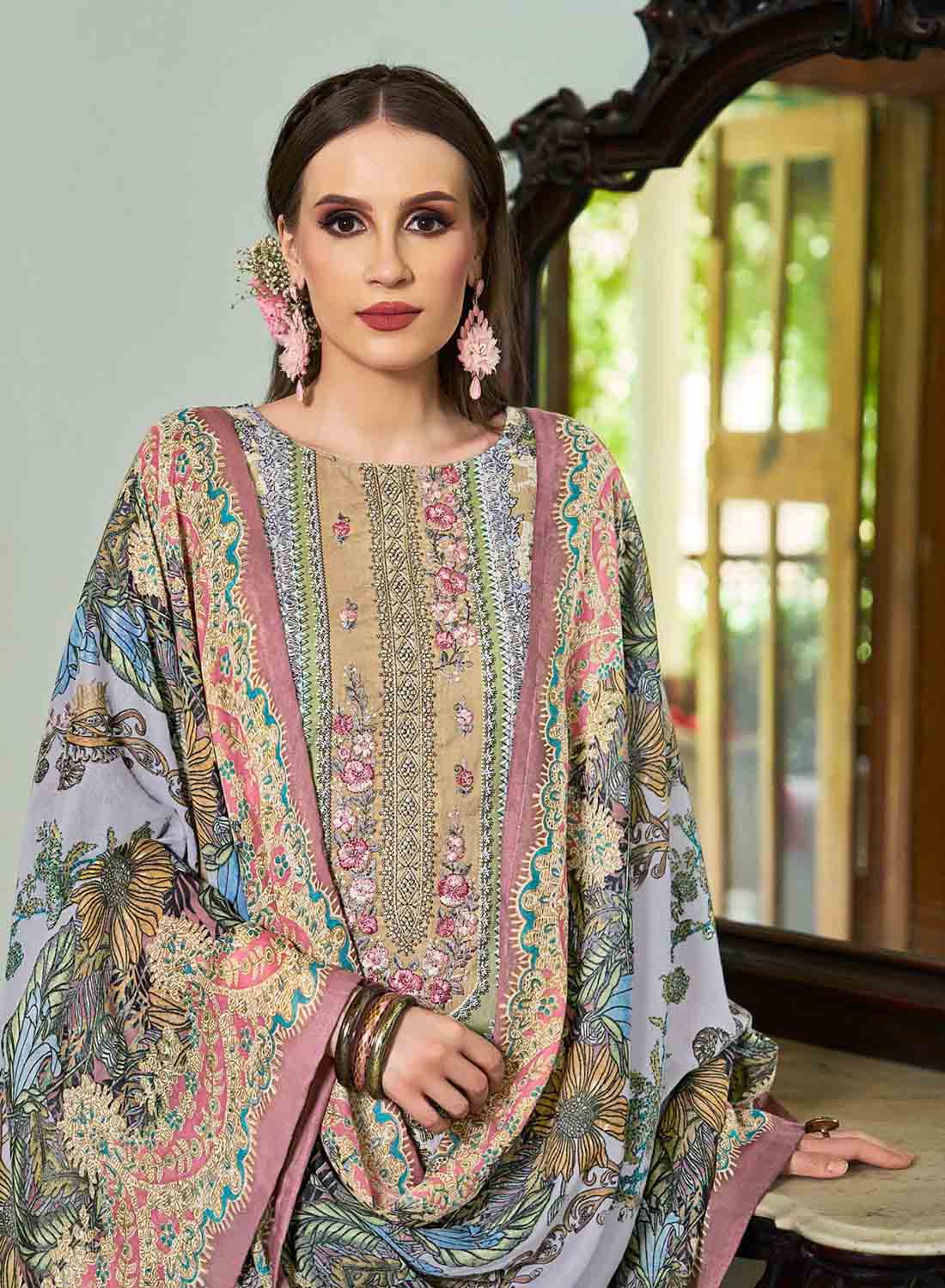 Blue Pure Cotton Pakistani Print Unstitched Salwar Suit Set for Women