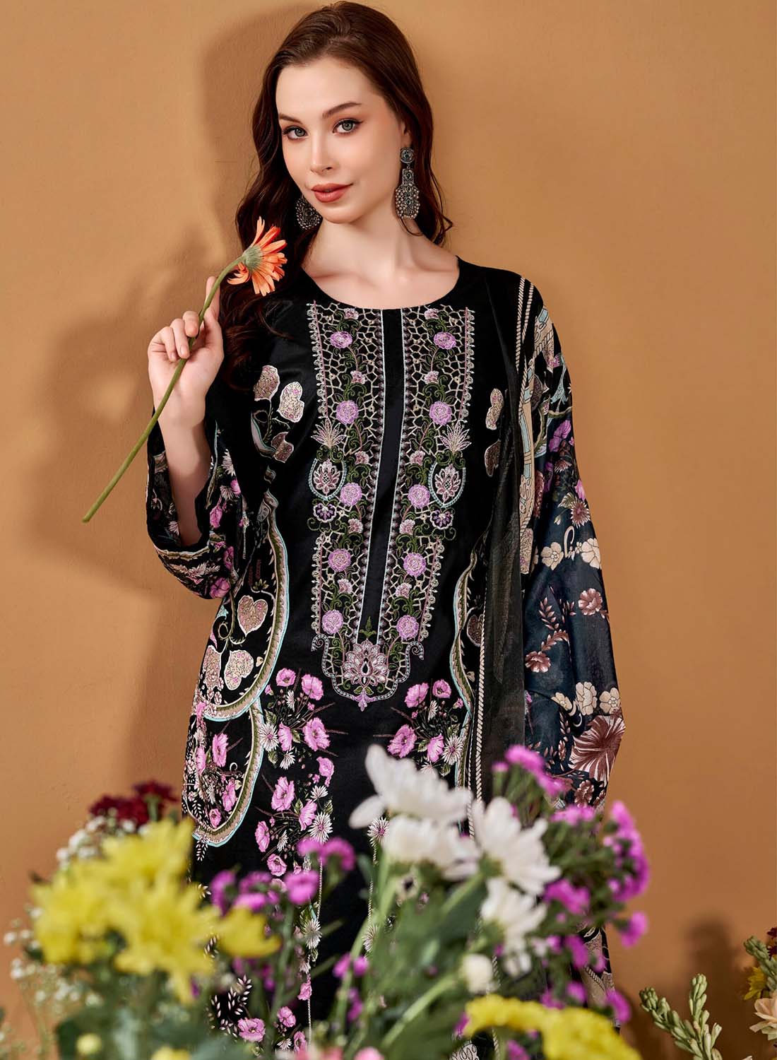 Pakistani Print Pure Cotton Black Unstitched Suit Material with Embroidery