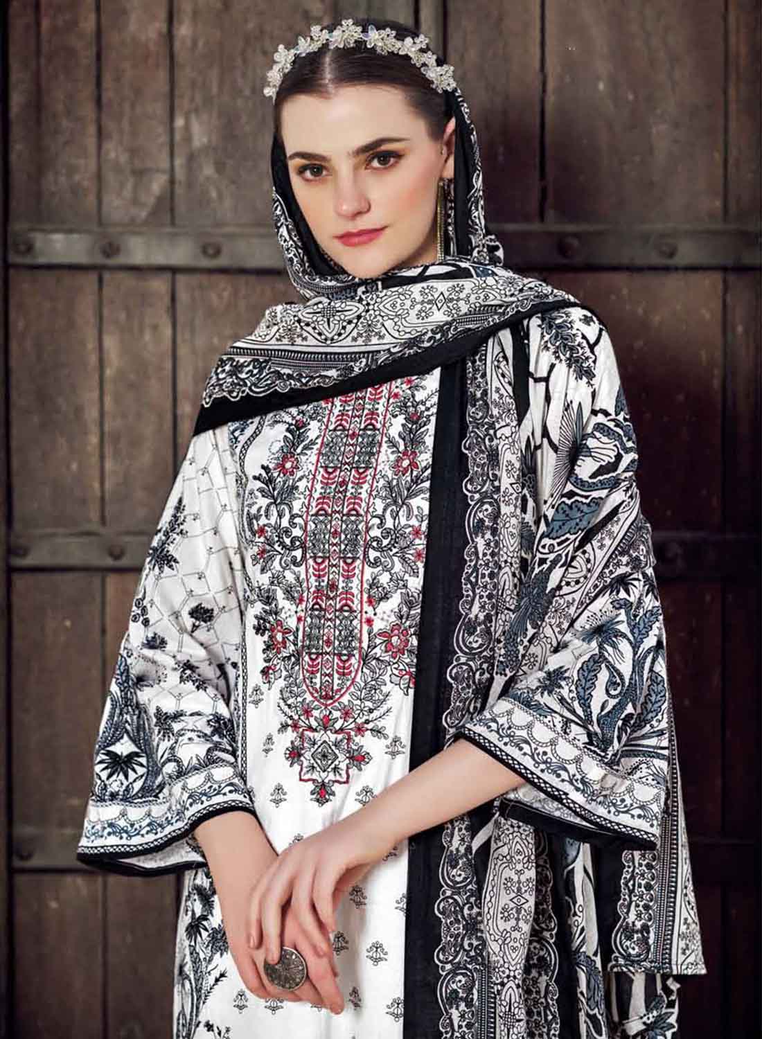 Women's White Pakistani Print Unstitched Cotton Suit Material with Embroidery