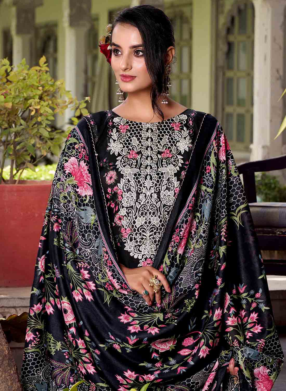 Black Pure Cotton Pakistani Print Unstitched Suit Set with Embroidery