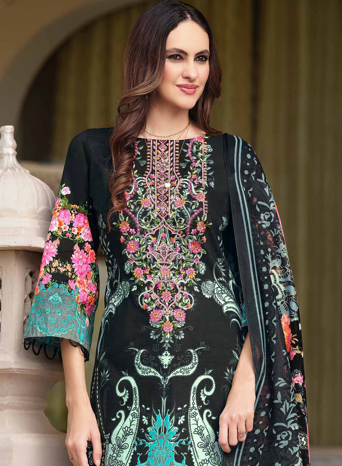 Pakistani Print Black Unstitched Pure Cotton Salwar Suit Material with Embroidery