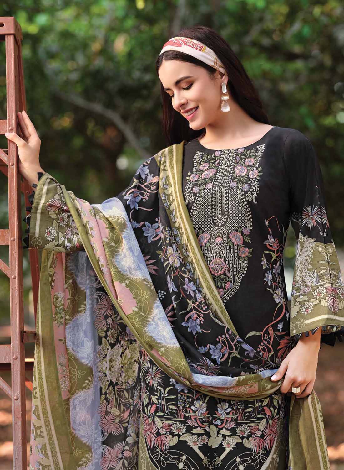 Pakistani Print Black Unstitched Pure Cotton Suit Material with Embroidery