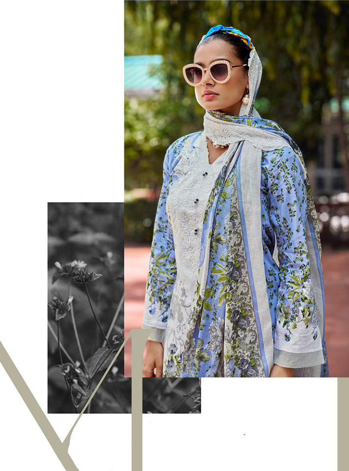 Cotton Pakistani Suit Blue Unstitched Material with Embroidery Patch