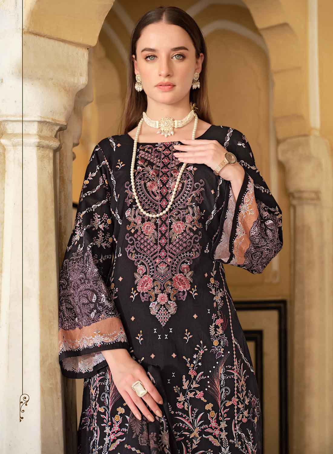 Women's Black Pakistani Print Unstitched Cotton Suit with Embroidery