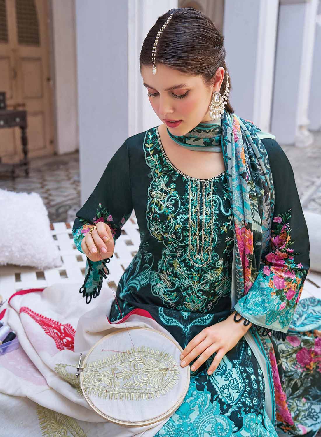 Pakistani Print Unstitched Pure Cotton Salwar Suit Fabric with Embroidery