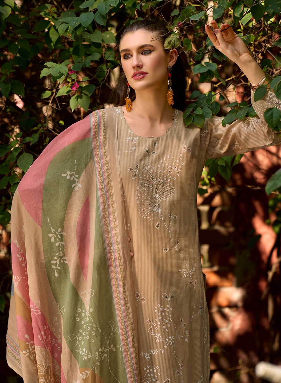 Soft Lawn Cotton Brown Unstitched Salwar Suit Material for Women