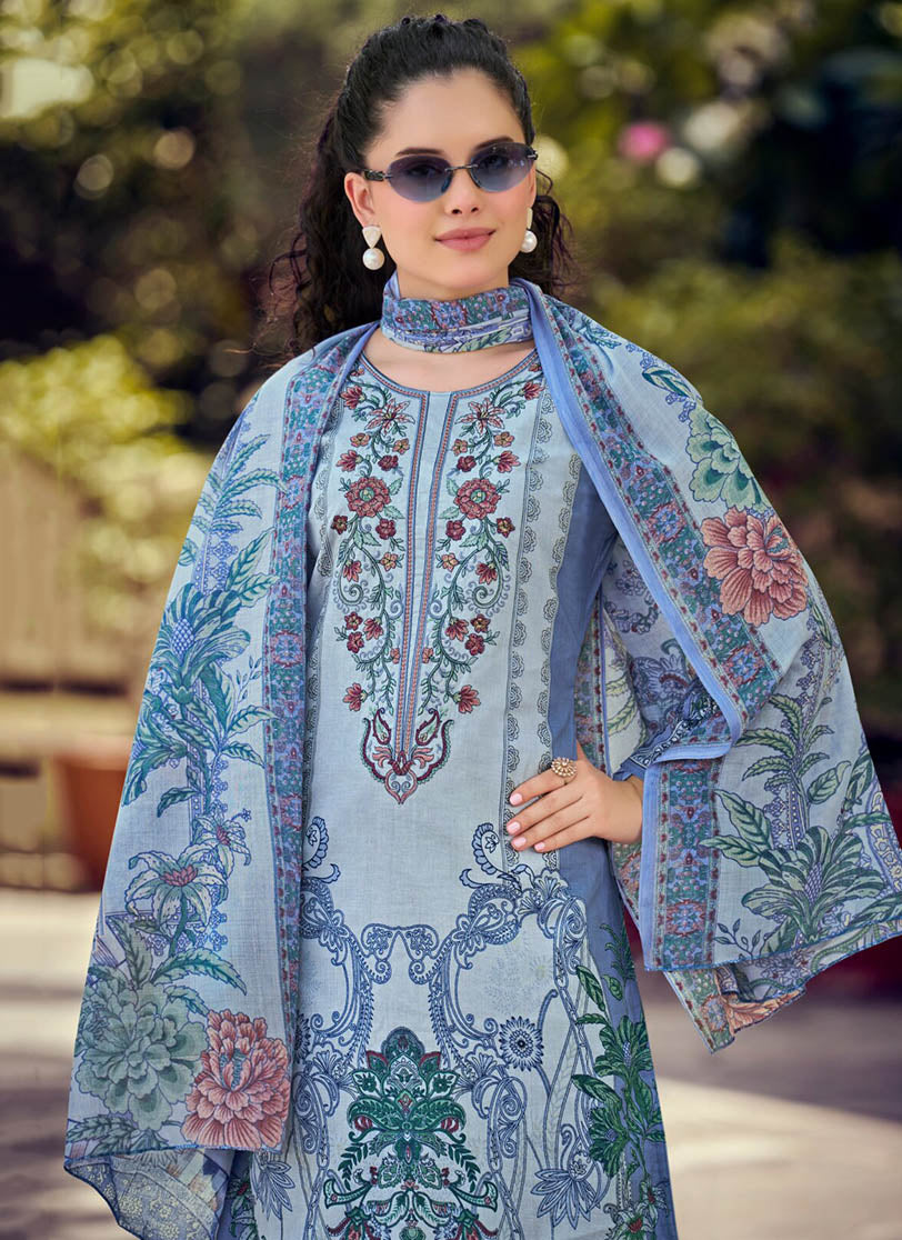Blue Pure Cotton Pakistani Print Unstitched Suit Material with Embroidery
