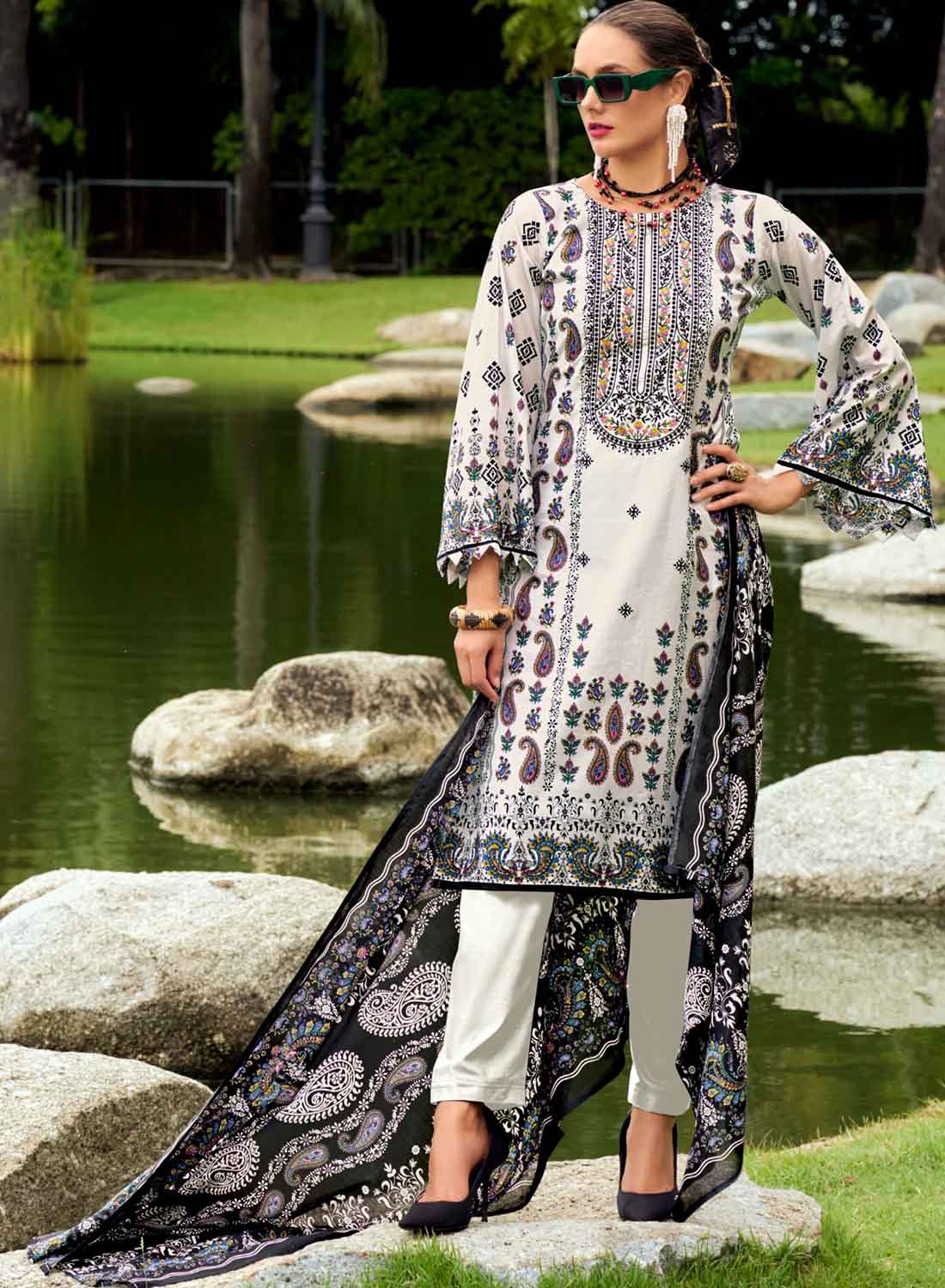 White Pakistani Print Unstitched Pure Cotton Suit Material With Embroidery