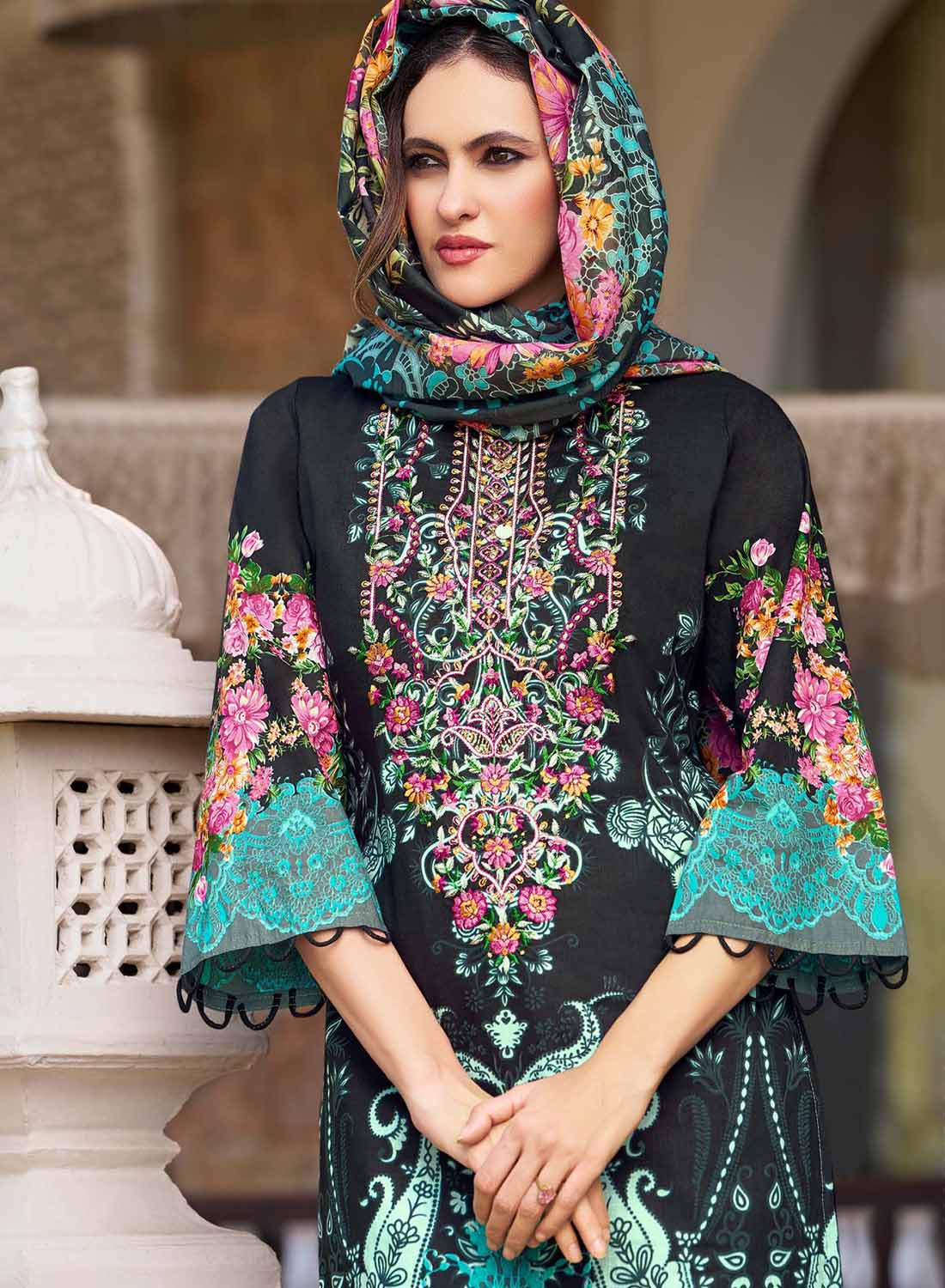 Pakistani Print Black Unstitched Pure Cotton Salwar Suit Material with Embroidery