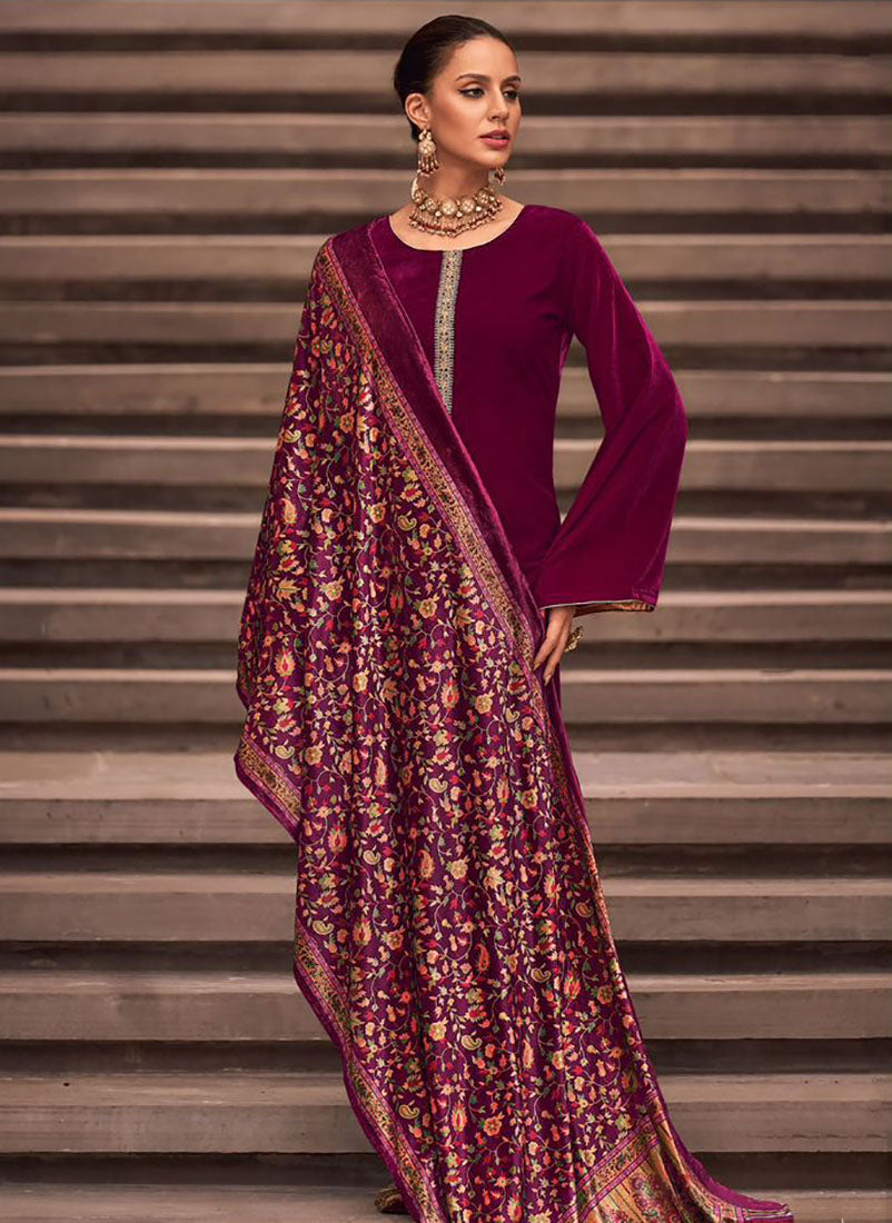 Mumtaz Arts Pink Party Wear Winter Velvet Salwar Suit Dress Material Mumtaz Arts