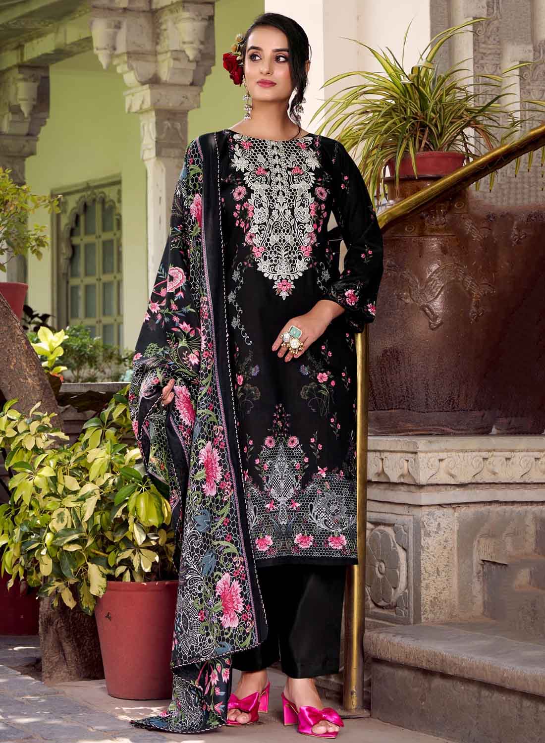 Black Pure Cotton Pakistani Print Unstitched Suit Set with Embroidery