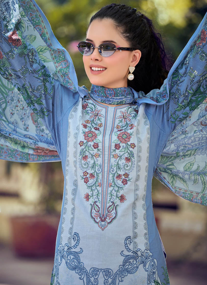 Blue Pure Cotton Pakistani Print Unstitched Suit Material with Embroidery
