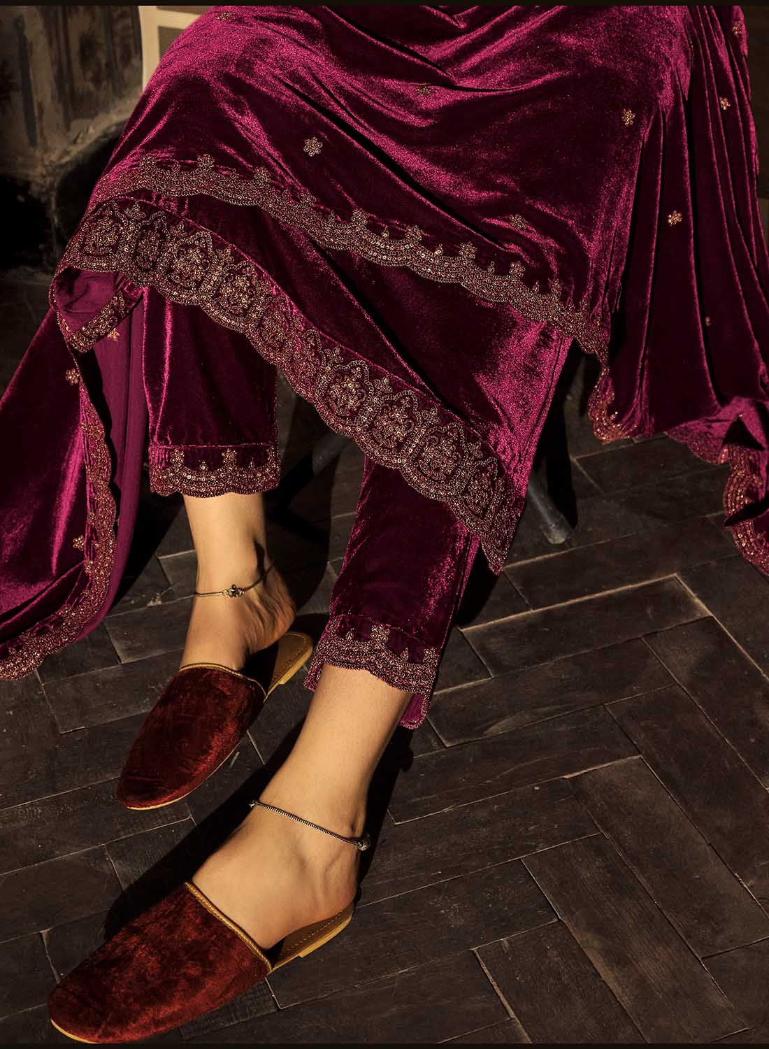 Party Wear Unstitched Winter Velvet Salwar Suit Material with Embroidery