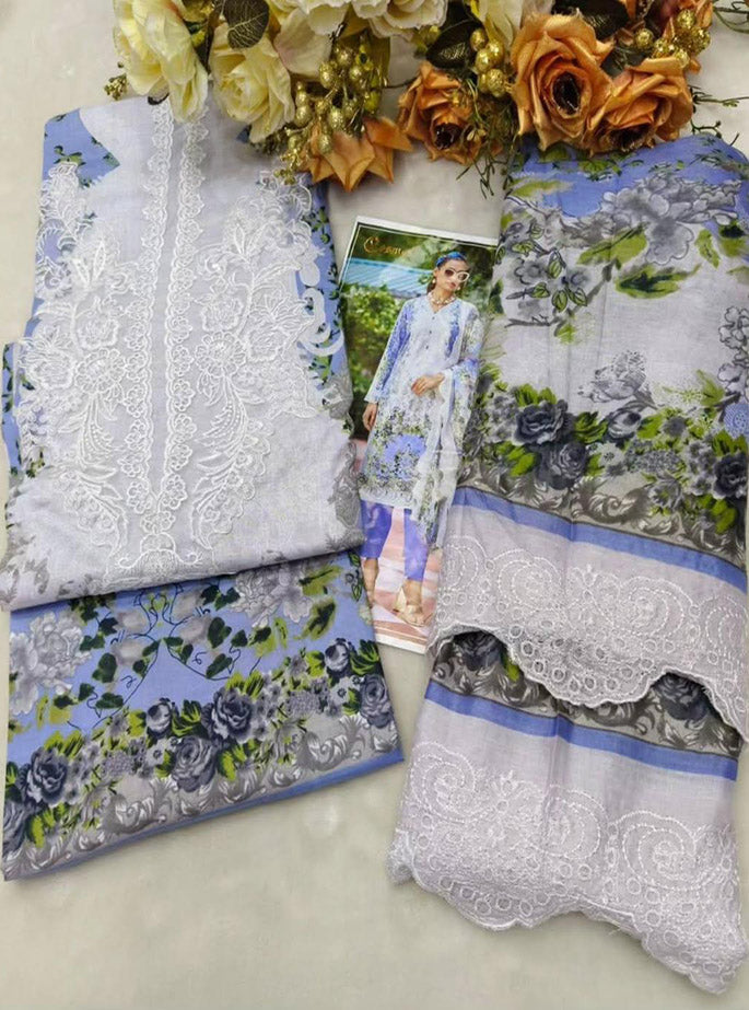 Cotton Pakistani Suit Blue Unstitched Material with Embroidery Patch