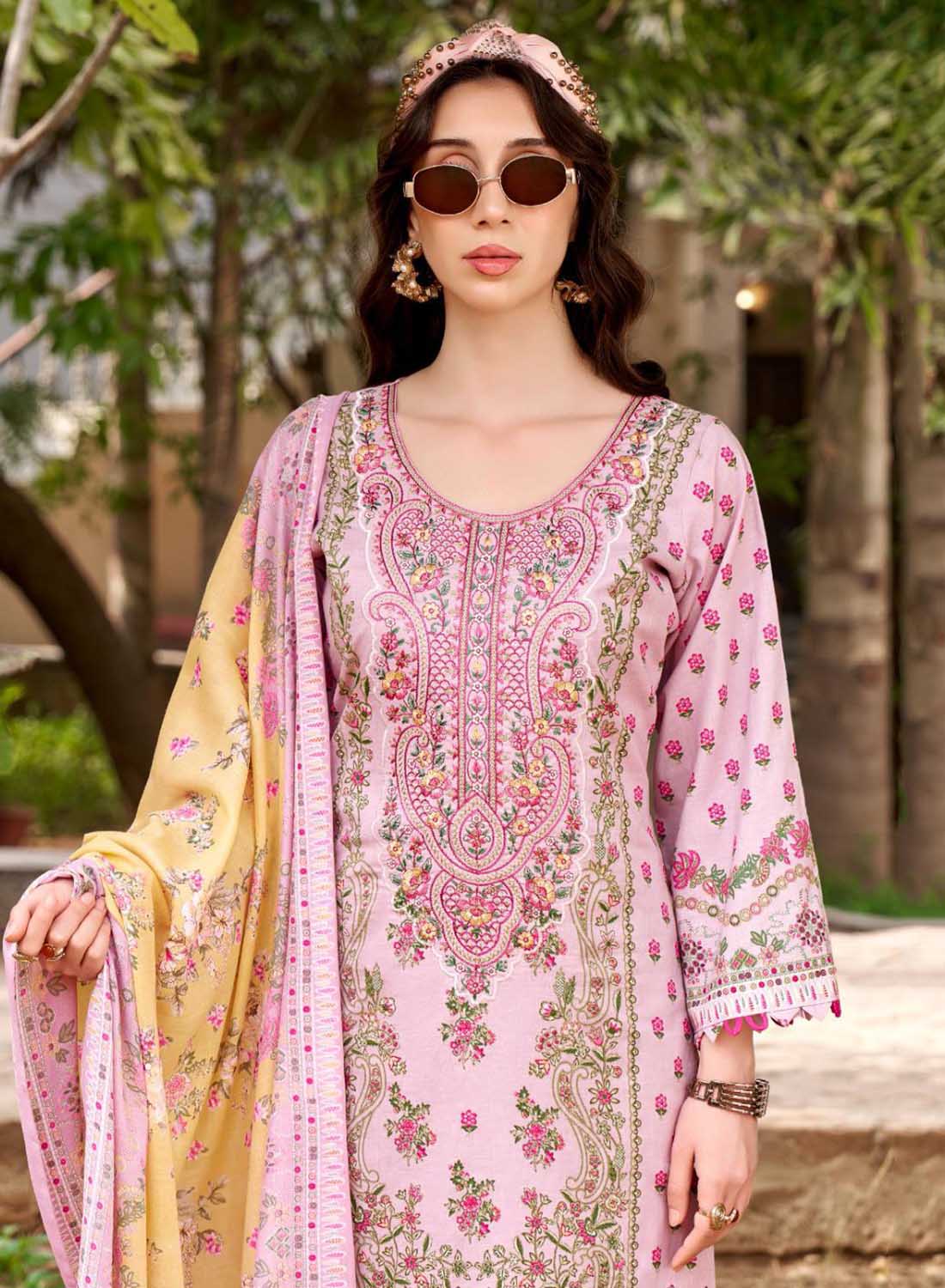 Pakistani Print Pure Cotton Pink Unstitched Suit Material with Embroidery