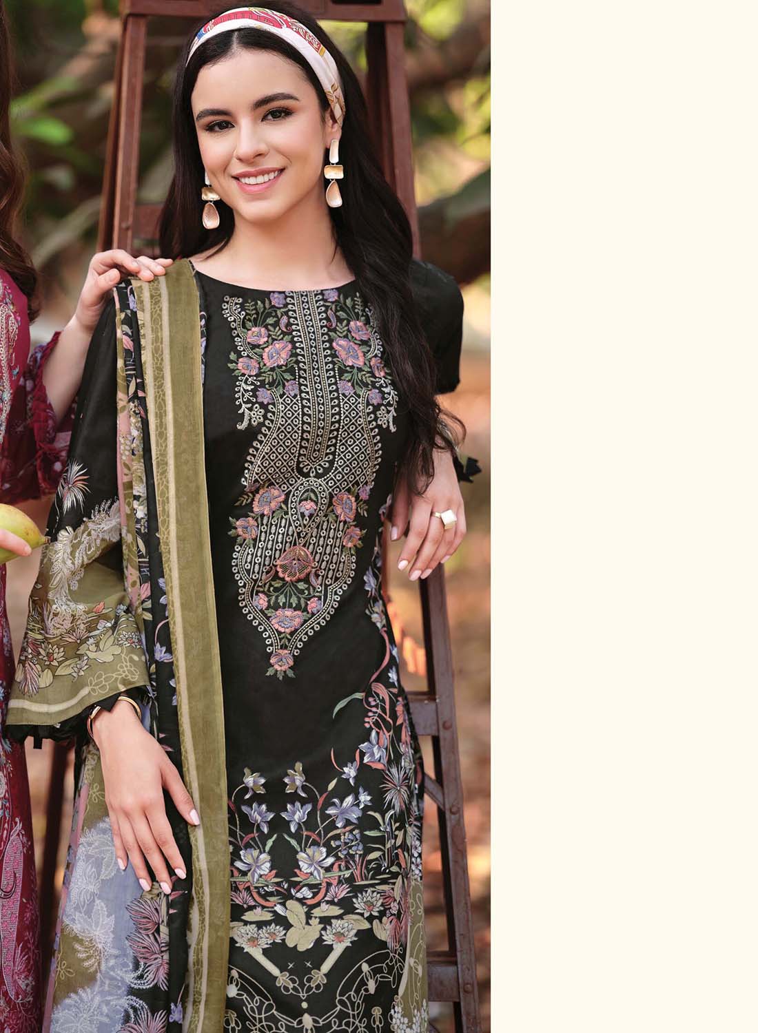 Pakistani Print Black Unstitched Pure Cotton Suit Material with Embroidery