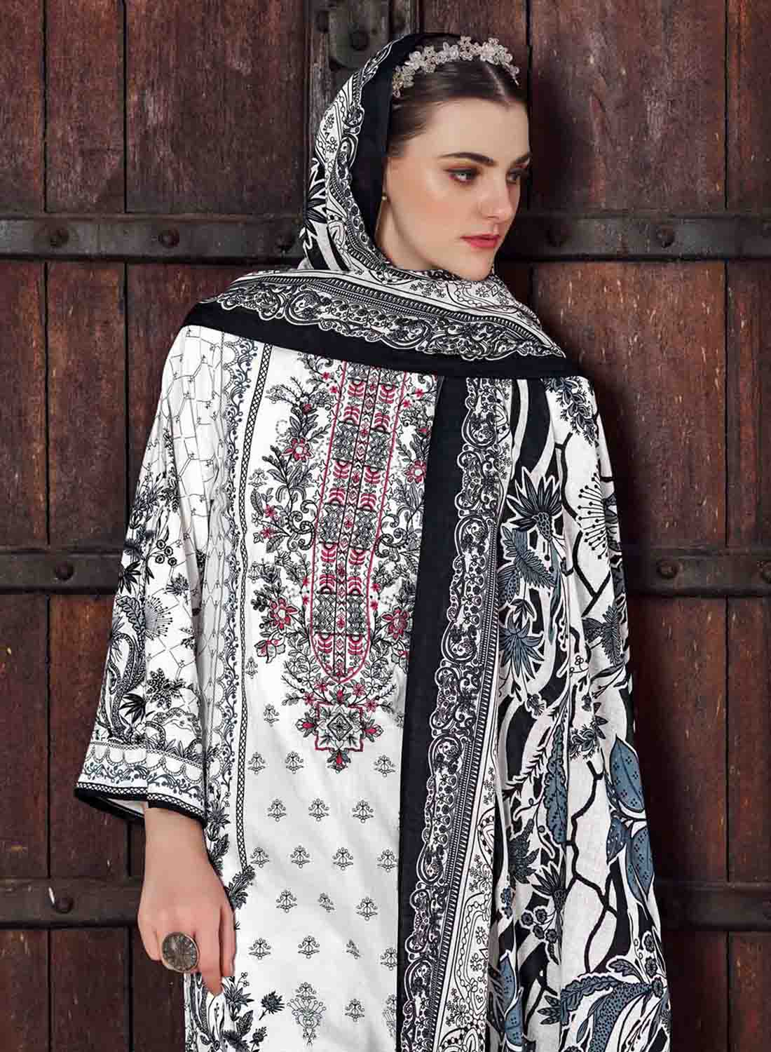 Women's White Pakistani Print Unstitched Cotton Suit Material with Embroidery