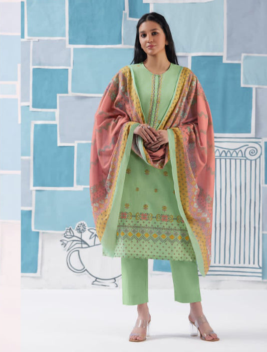 Unstitched Green Cotton Suit for Women with Embroidery S Nirukth