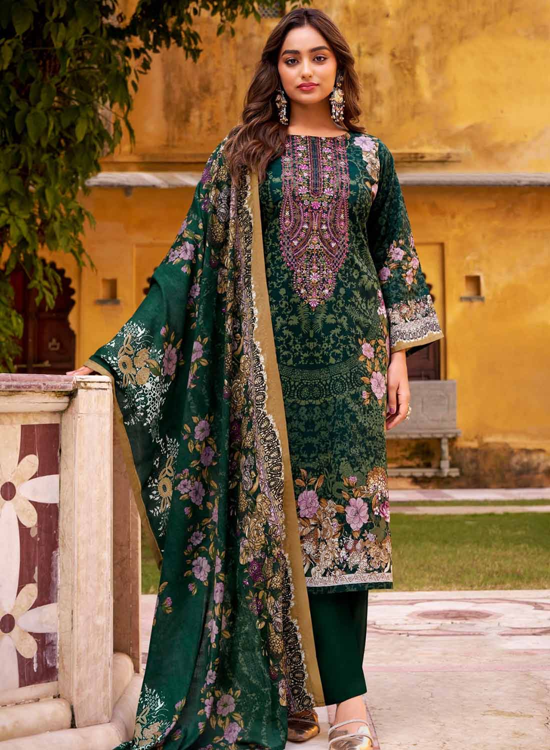 Green Pure Cotton Pakistani Print Unstitched Salwar Suit with Embroidery