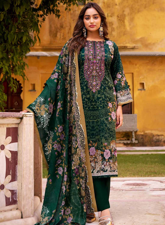 Green Pure Cotton Pakistani Print Unstitched Salwar Suit with Embroidery