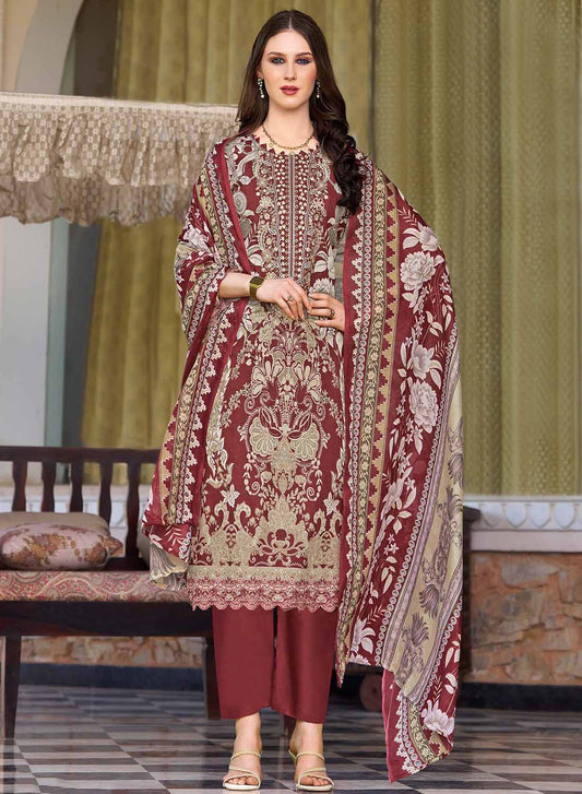 Pakistani Print Unstitched Pure Cotton Salwar Suit Material with Embroidery