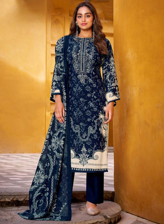 Dark Blue Pure Cotton Pakistani Print Unstitched Salwar Suit Dress Material
