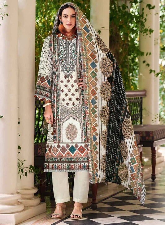 Pakistani Print White Unstitched Pure Cotton Suit Material with Embroidery