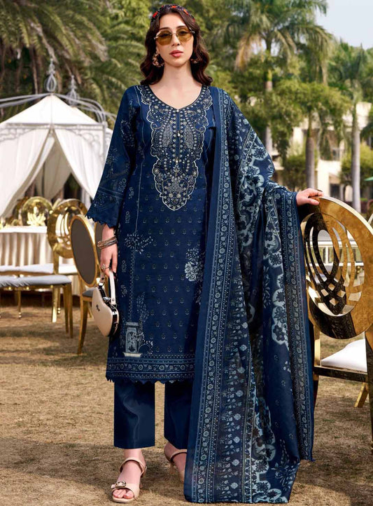 Pakistani Print Pure Cotton Blue Unstitched Suit Material with Embroidery