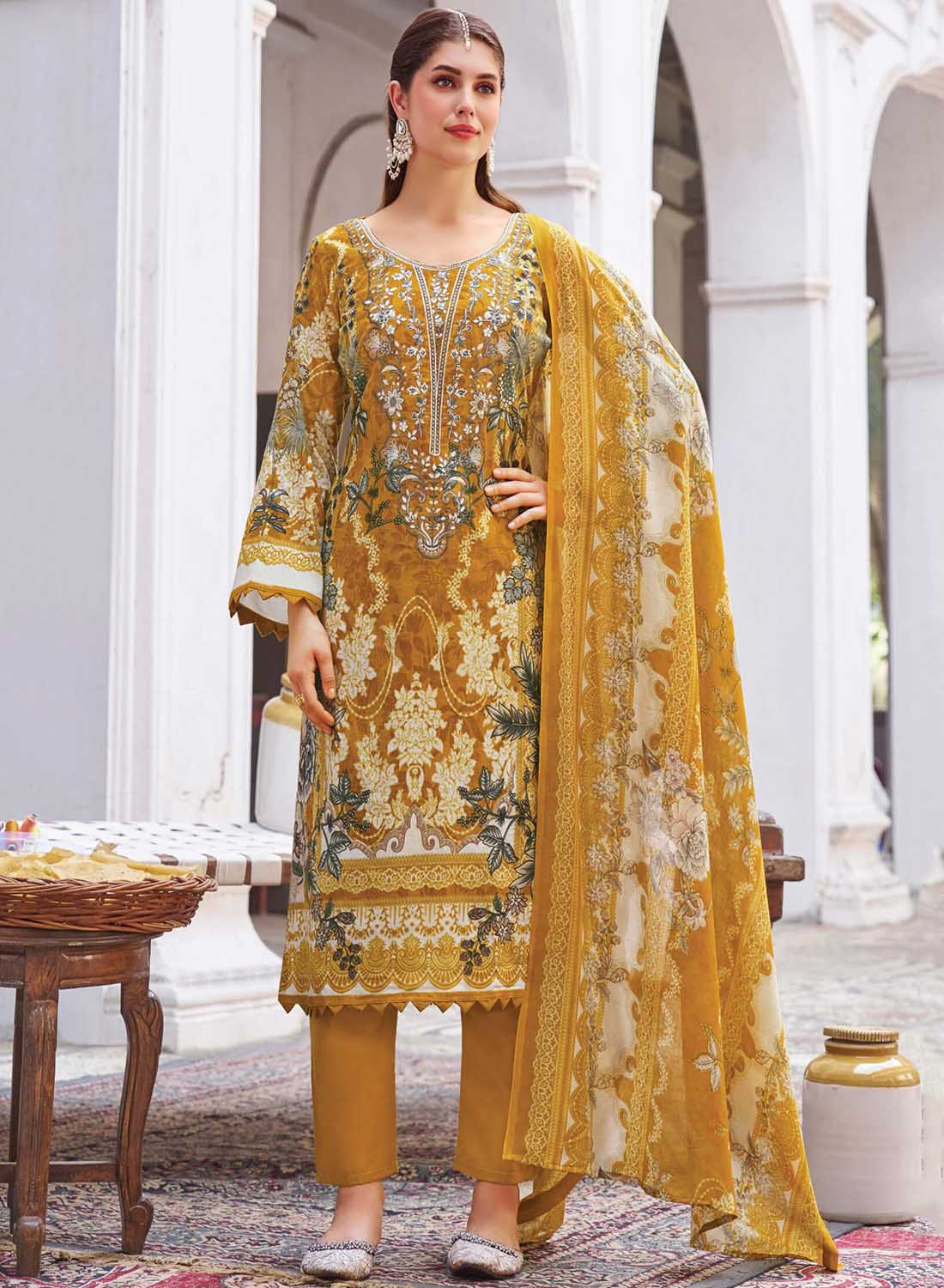 Pakistani Print Unstitched Pure Cotton Salwar Suit Material with Embroidery