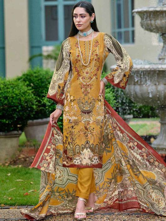 Women's Pakistani Print Mustard Unstitched Cotton Suit Dress Material