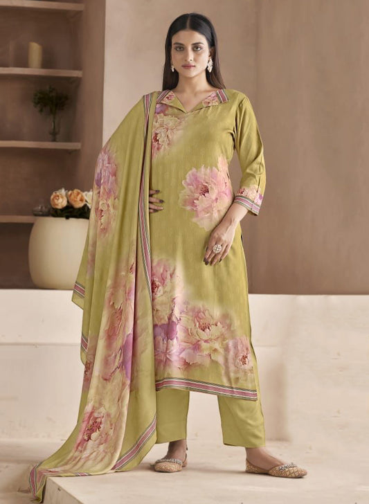 Rivaa Green Printed Unstitched Cotton Suit Dress Material for Women