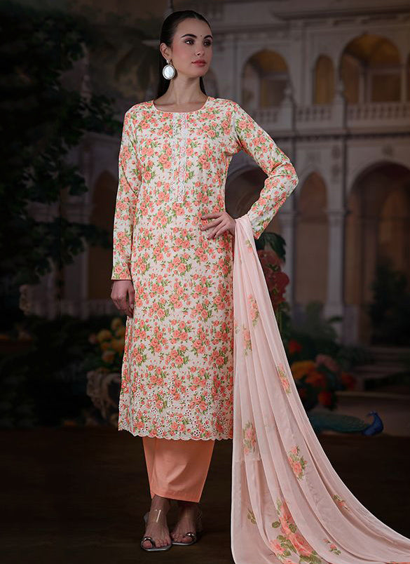 Light Orange Pure Cotton Unstitched Suit Material with Chiffon Dupatta