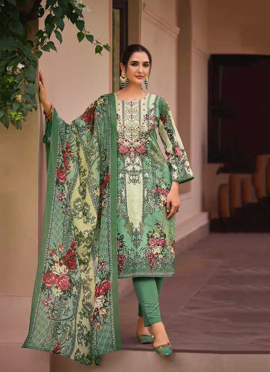 Belliza Cotton Pakistani Print Unstitched Women Salwar Suit Green Belliza