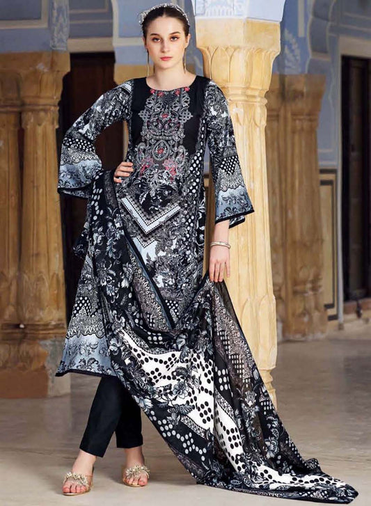 Women's Black Pakistani Print Unstitched Cotton Suit Set with Embroidery