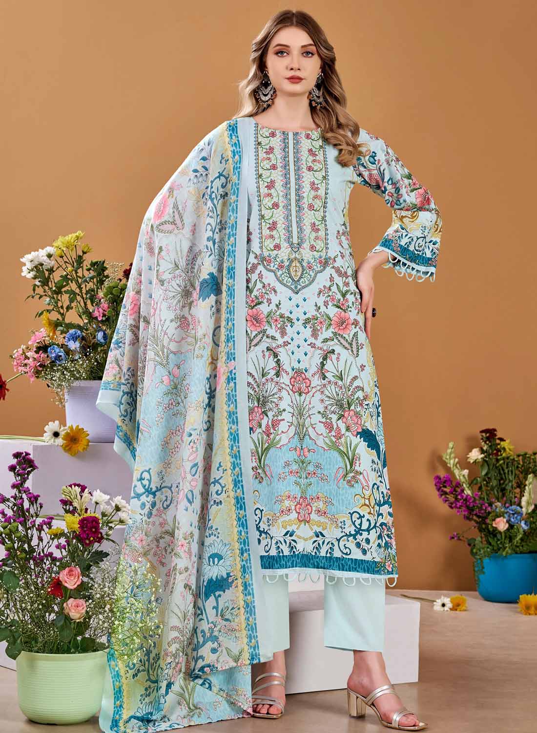 Pakistani Print Unstitched Pure Cotton Salwar Suit Material with Embroidery