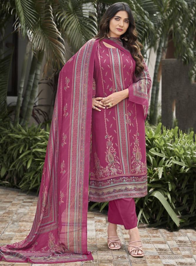Pink Pashmina Unstitched Winter Salwar Suit Material with Muslin Dupatta