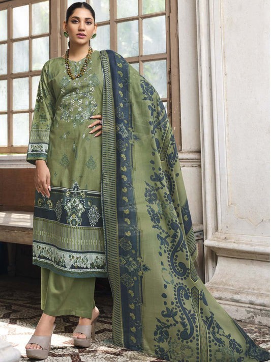 Belliza Cotton Pakistani Print Unstitched Women Suit Material Green Belliza