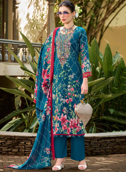 Pakistani Pure Cotton Unstitched Suit Dress Material with Embroidery Blue