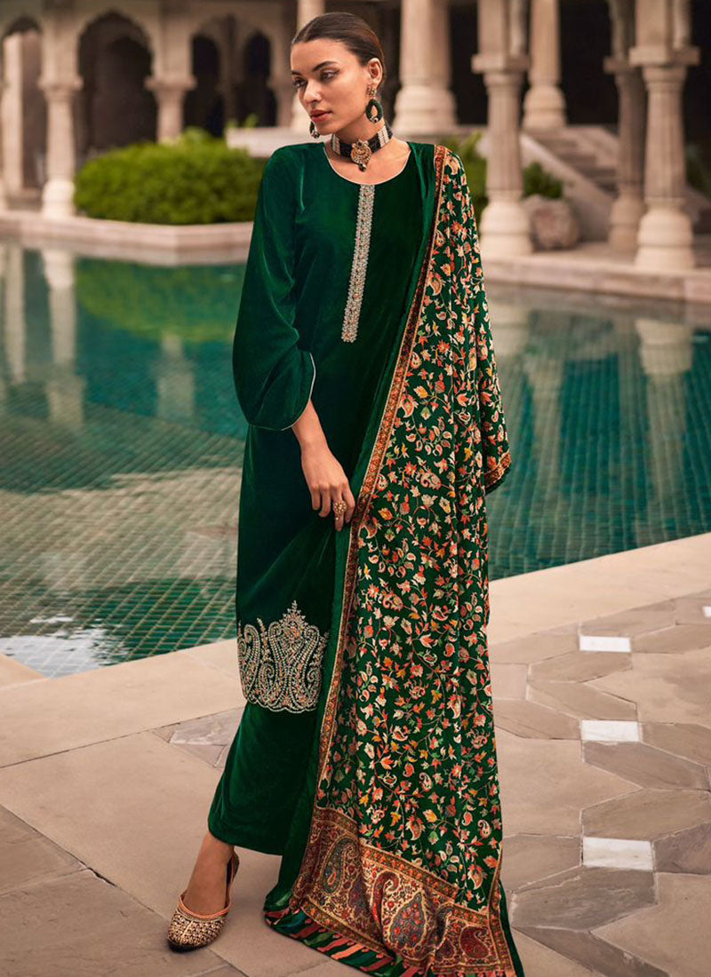 Mumtaz Arts Green Party Wear Winter Velvet Salwar Suit Dress Material Mumtaz Arts