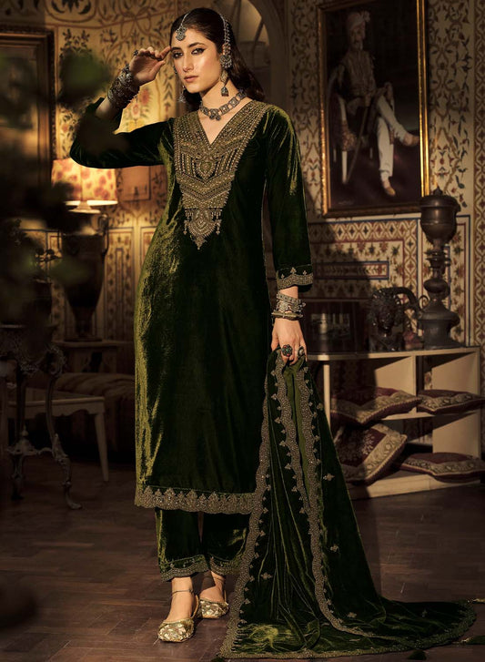 Party Wear Green Unstitched Winter Velvet Suit Dress Material